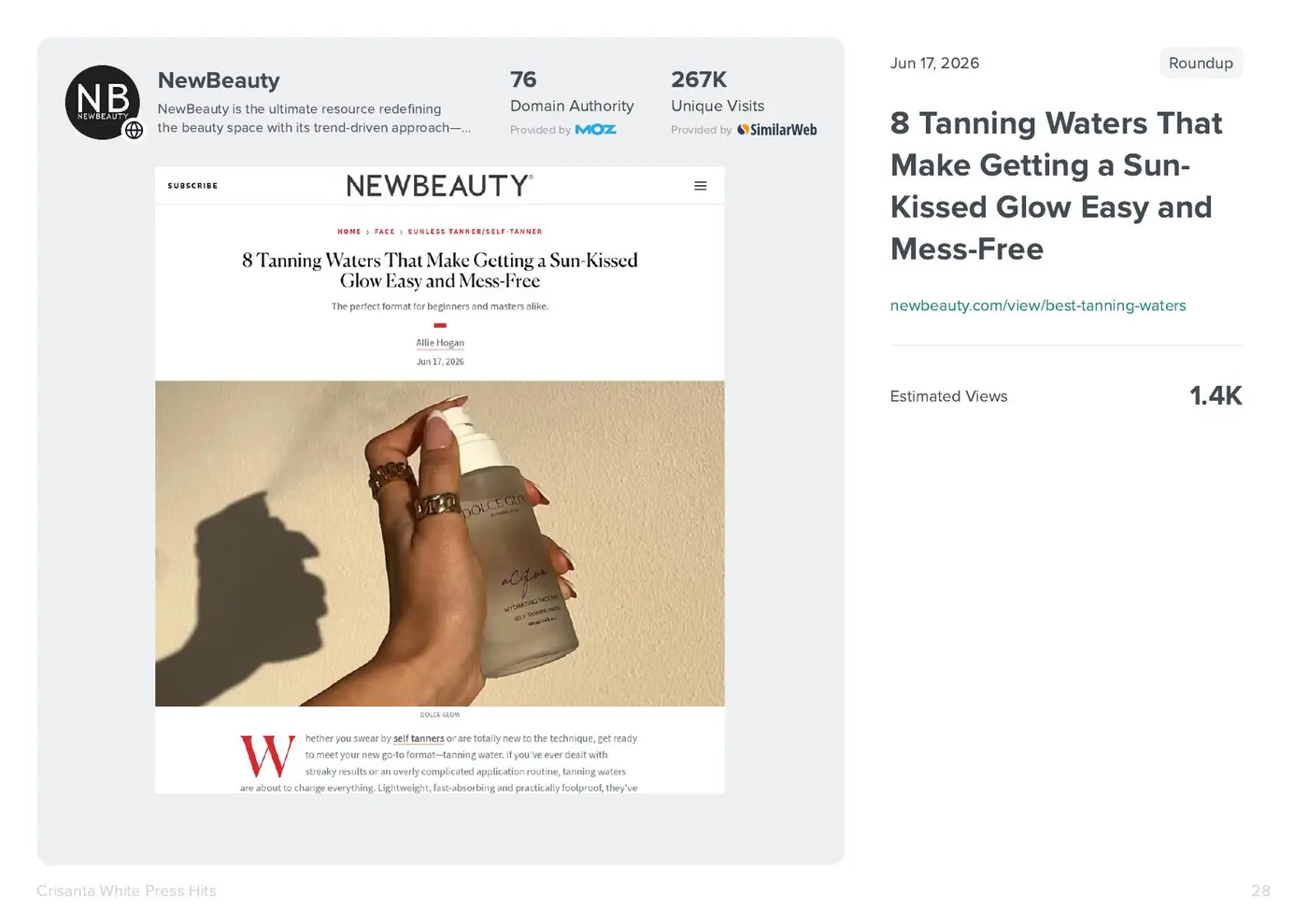NewBeauty tanning water coverage featuring NUDA CloudMist